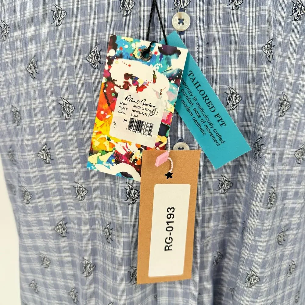 Robert Graham Button Front Short Sleeve Shirt ANGEL FISH Blue White  M